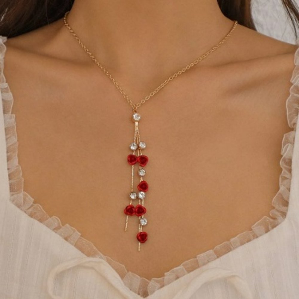 Gold Colored Rhinestone and Roses Lariat Necklace